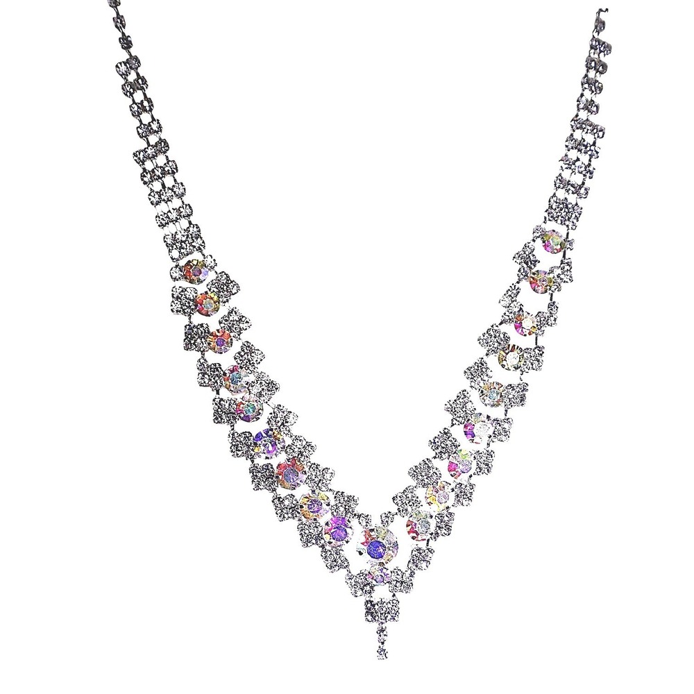 Swarovski Crystal Silver Overlay V Bib Statement Necklace Aurora Borealis New